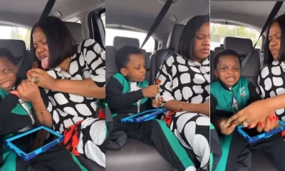 “Agbaya Mummy” – Video trends as Toyin Abraham and her son Ire fight each other over candy sweet