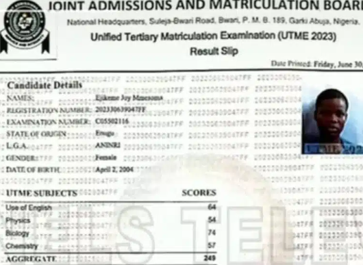 Finally, JAMB Officially Releases Ejikeme Joy’s “Original” Result, Different Both Score